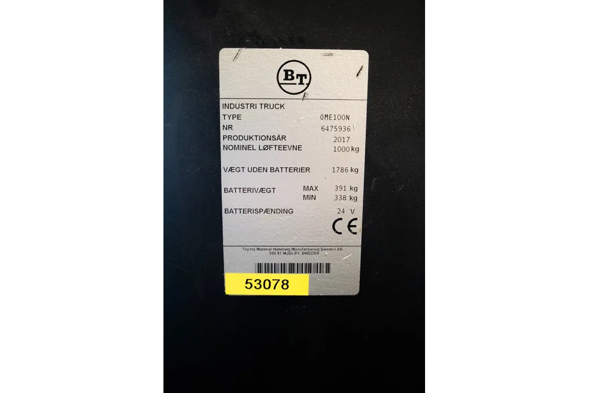 begagnad bt ome100n plocktruck typskylt