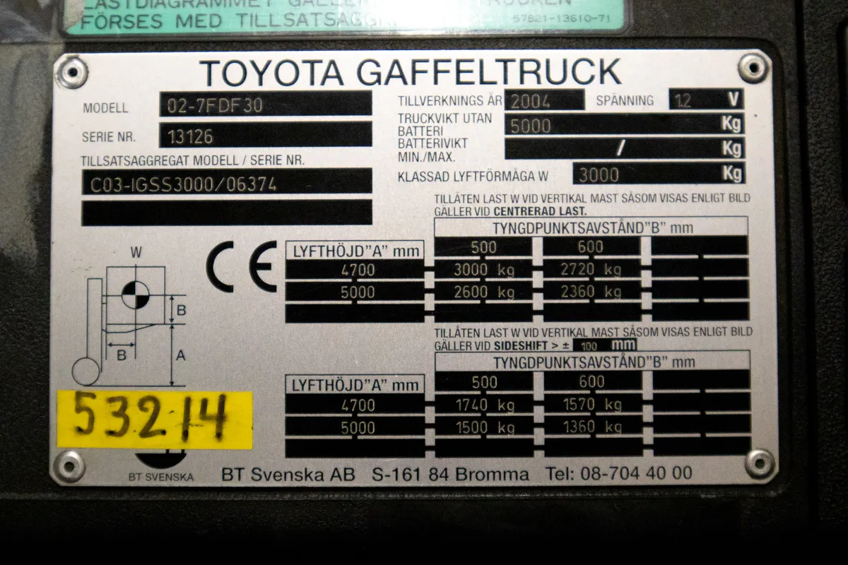 Toyota Tonero diesel motviktstruck typskylt