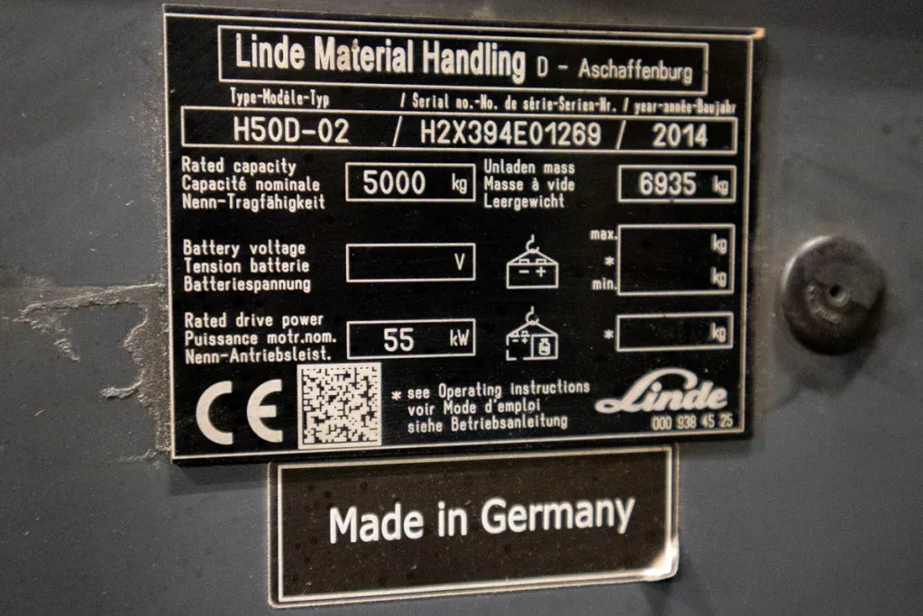 Linde H50D begagnad diesel motviktstruck typskylt