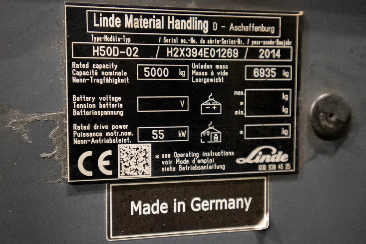 Linde H50D begagnad diesel motviktstruck typskylt