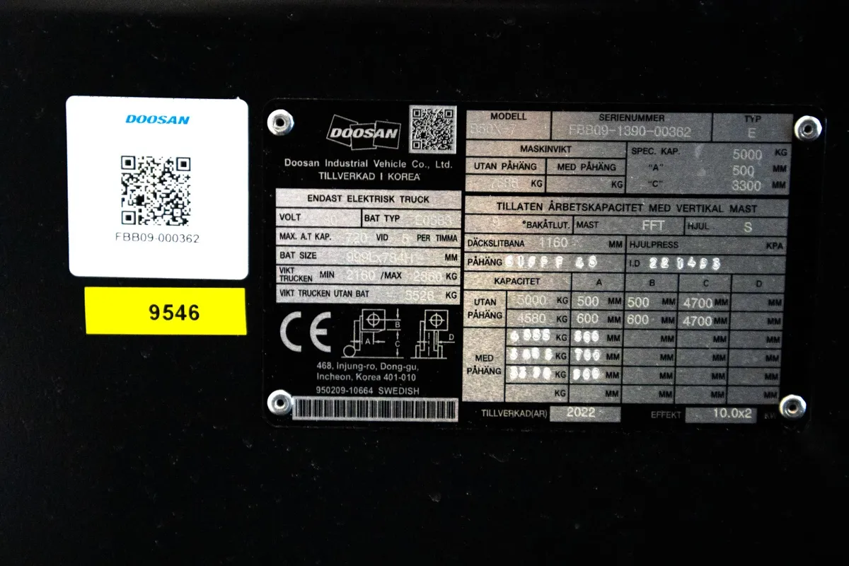 9546 Doosan elmotviktstruck b50x-7 typskylt