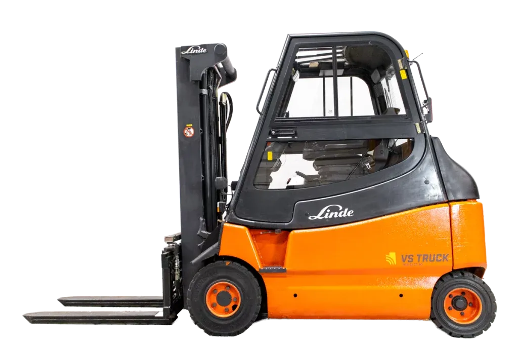 53129 Linde E25 begagnad motviktstruck med utskjutande gafflar frilagd