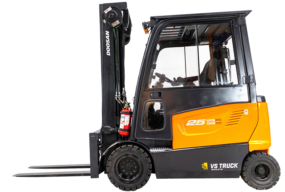 begagnad orange eldriven motviktstruck med hytt från Doosan för att köpa eller hyra